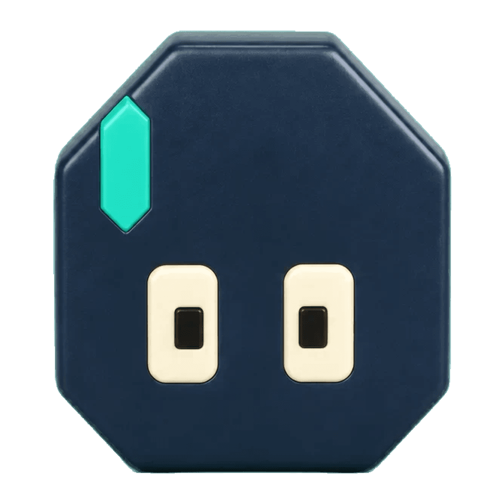 Mason’s head as a vinyl toy: a navy octagon with a teal stripe and two ivory eyes