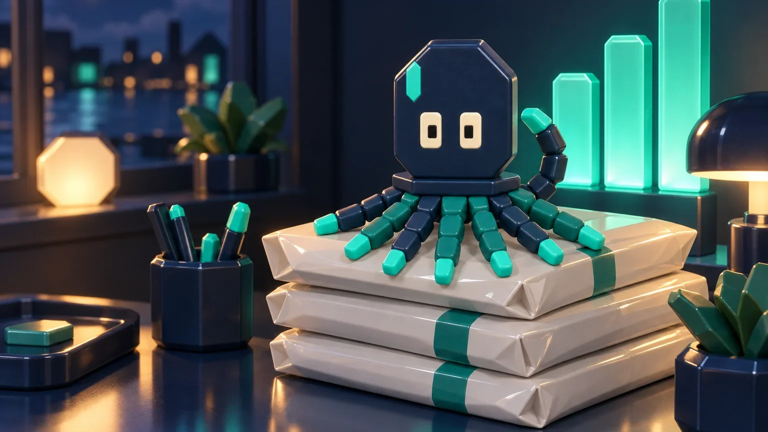 Mason resting on a stack of sealed envelopes, seven arms forward and his eighth curled up behind him like a tail