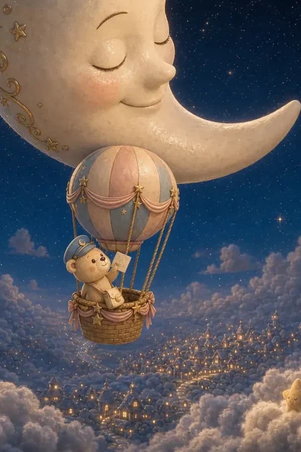 Lullo's balloon rising toward the sleeping Moon
