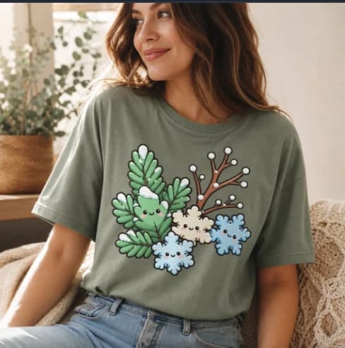 A woman wearing an olive green t-shirt printed with kawaii winter clip art: smiling evergreen branches, a snow-covered berry twig, and three snowflake characters
