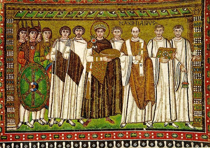 Byzantine court mosaic showing imperial dining scene, Ravenna, 6th century