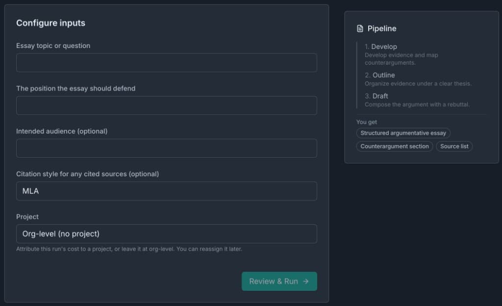Intake form for the Generate Argumentative Essay template, with fields for the essay topic, the position to defend, audience, and citation style next to the workflow pipeline.