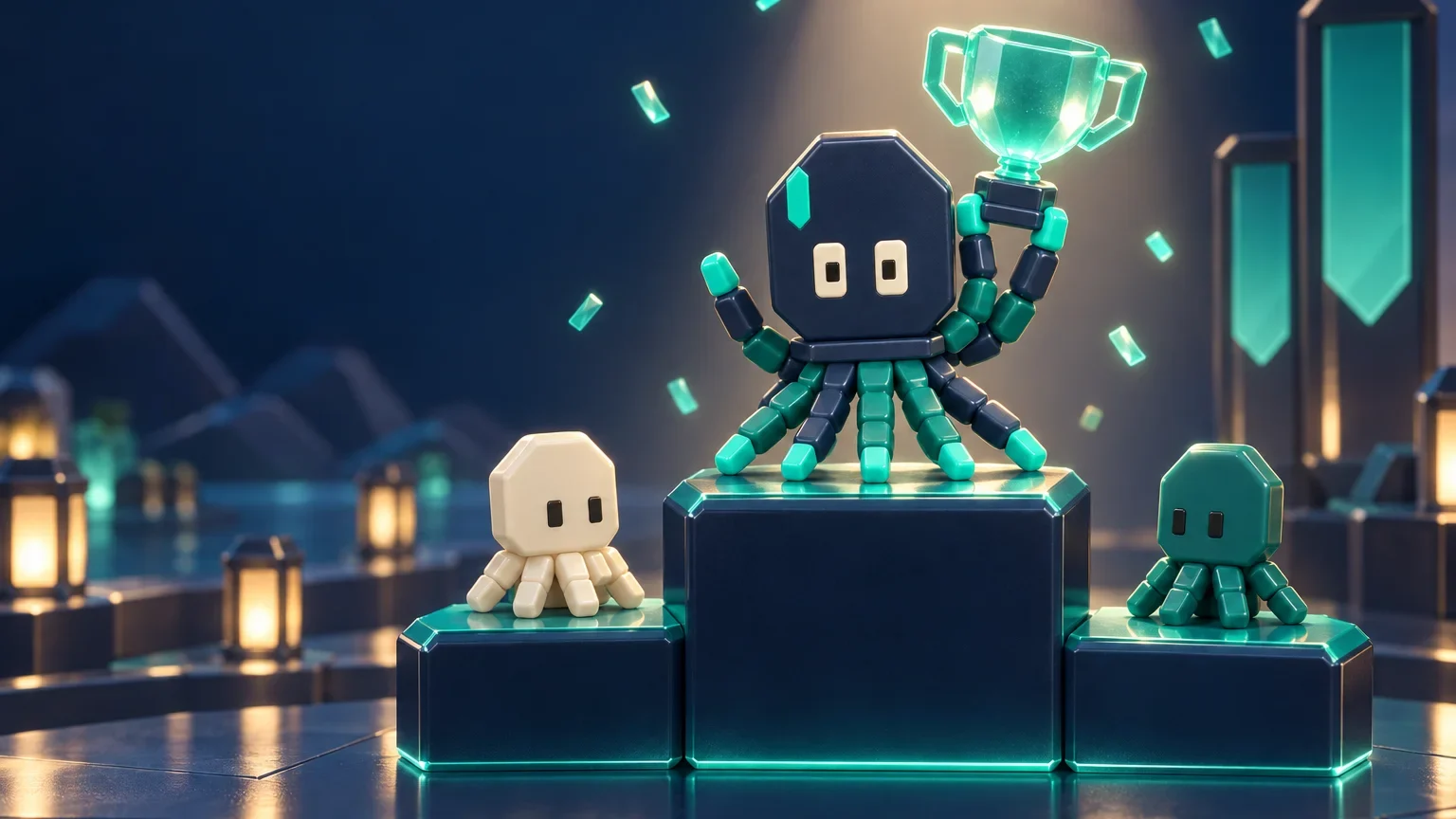 Mason the octopus on the top step of a winners’ podium, holding up a glowing trophy.