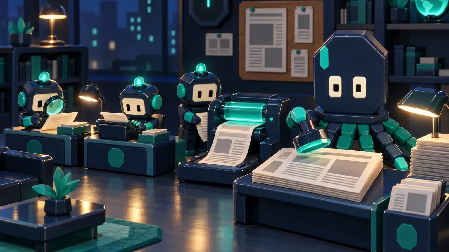 Robot agents researching, writing and checking while Mason the octopus stamps the finished paper.