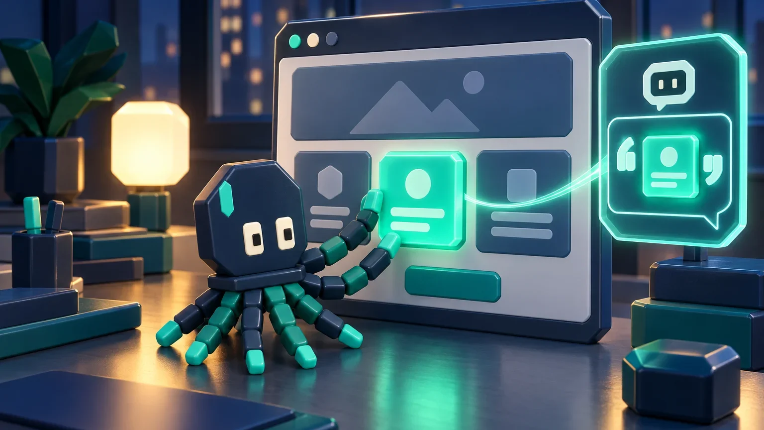 Mason the octopus setting a block into a page that an AI chat window is quoting.