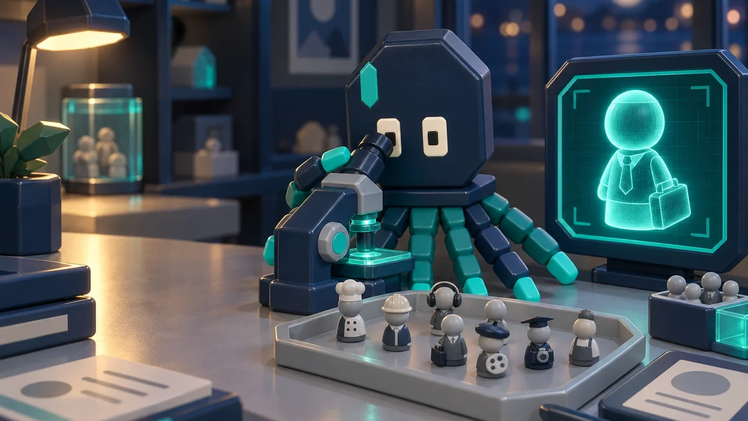Mason the octopus at a microscope over a tray of small figurines dressed as different characters, while a screen beside him shows the one he found, magnified and glowing.