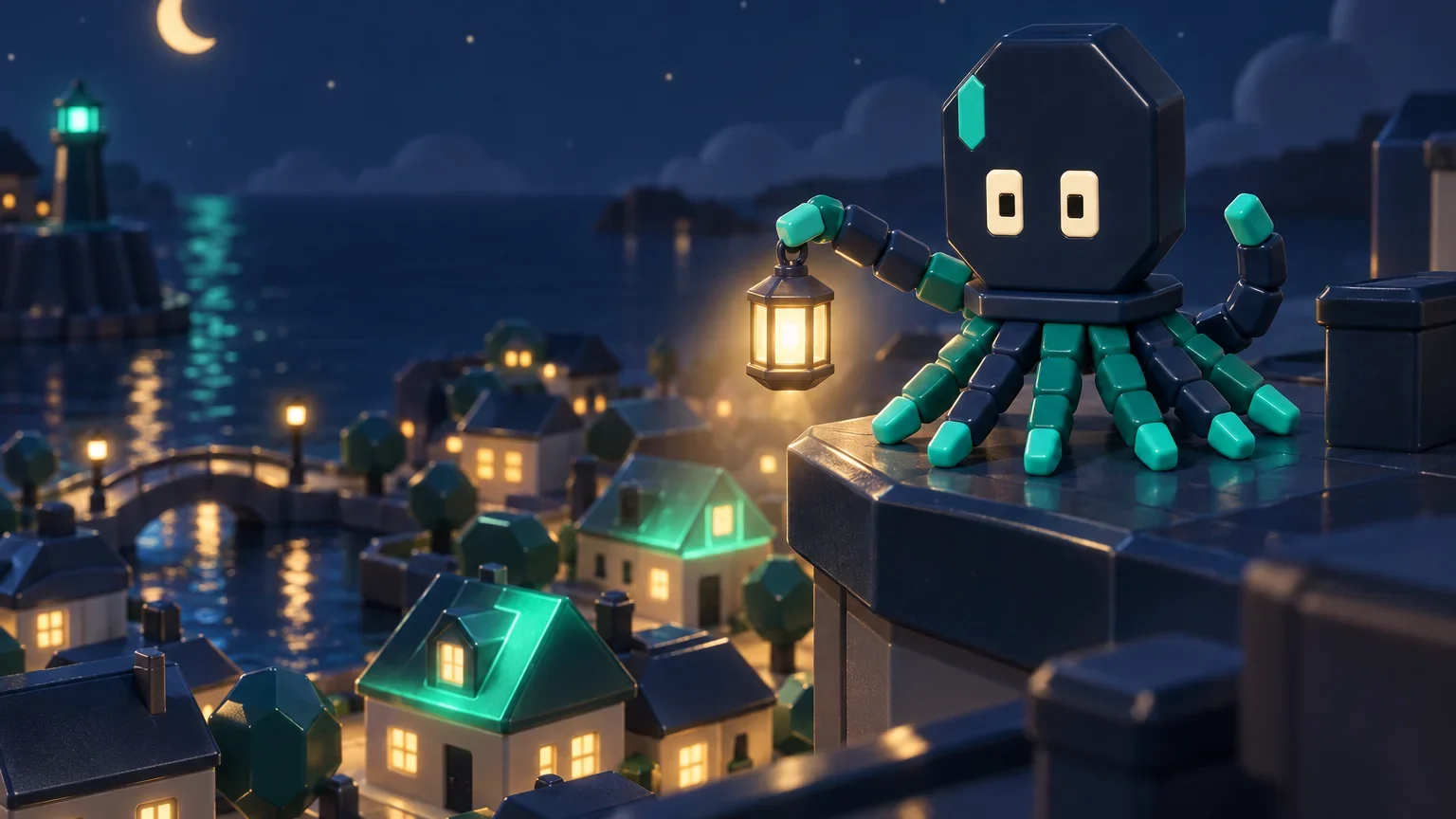 Mason the octopus on a rooftop at night, holding a lantern out over a small vinyl town where a few roofs glow teal.