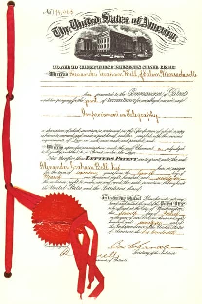 US Patent 174,465 — Alexander Graham Bell's telephone patent drawing, filed February 14, 1876.