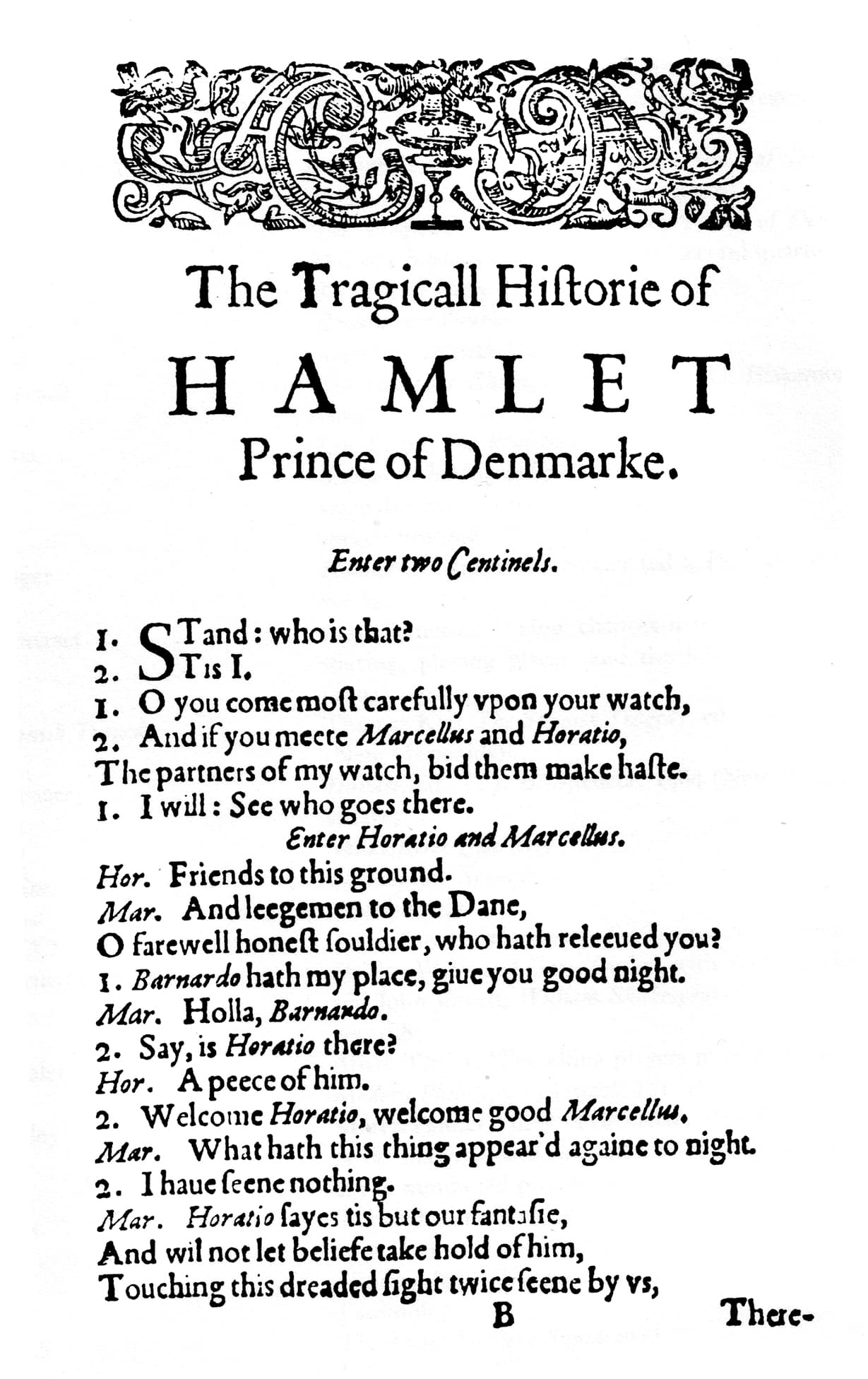 First page of the first quarto of Hamlet, 1603