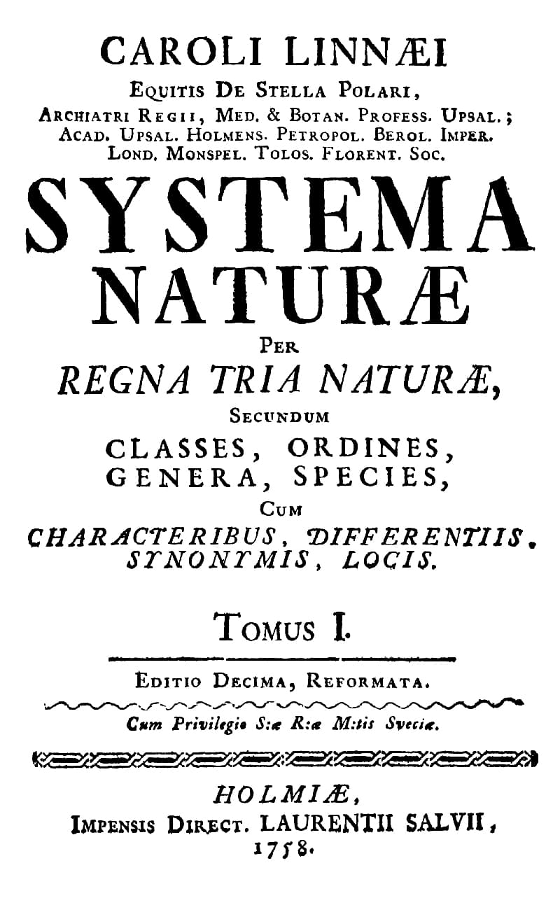 Title page of Systema Naturae, 10th edition (1758) by Carl Linnaeus