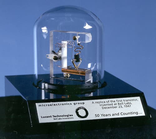 Replica of the first point-contact transistor invented at Bell Labs
