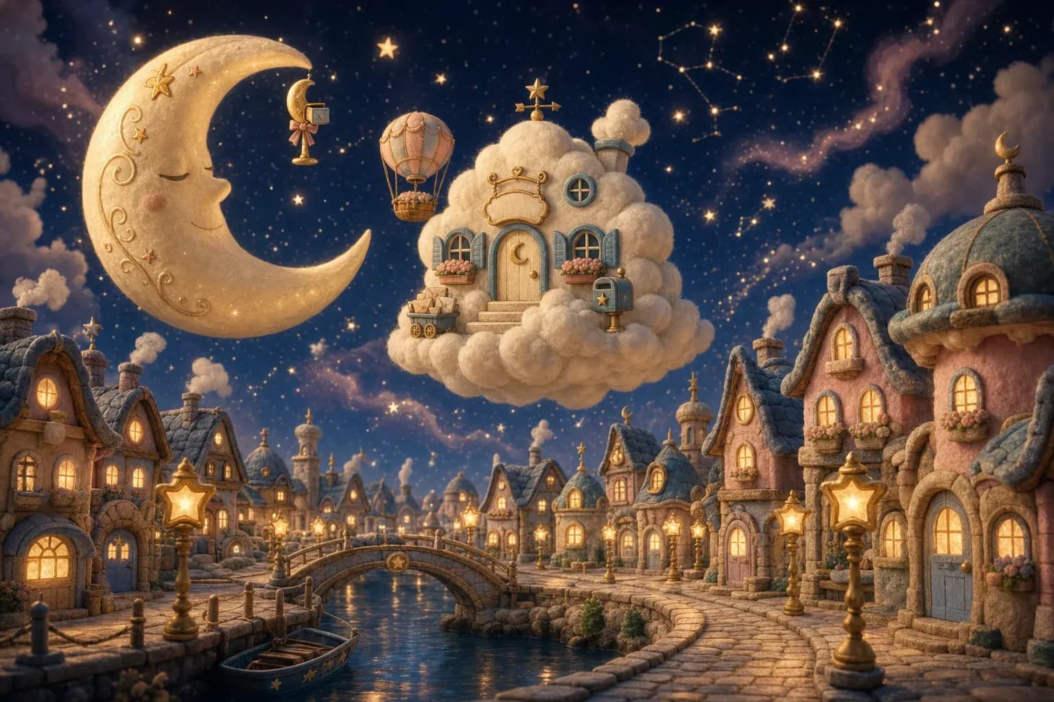 Starlight Town at night, with the Moon and the Cloud Post Office