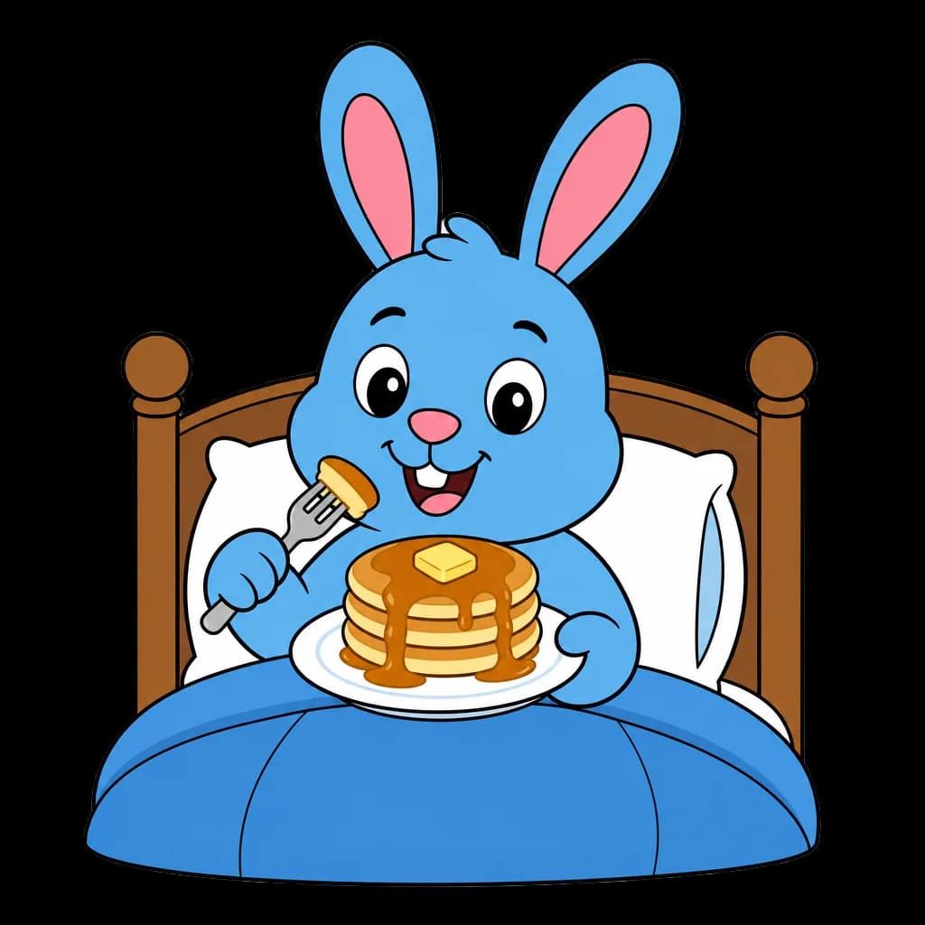 Cartoon blue bunny eating pancakes in bed
