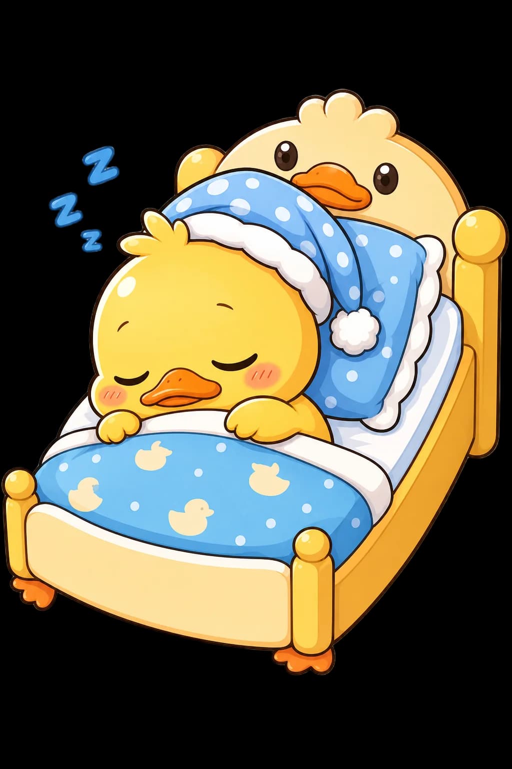 Chibi-style sleeping yellow duckling tucked into bed