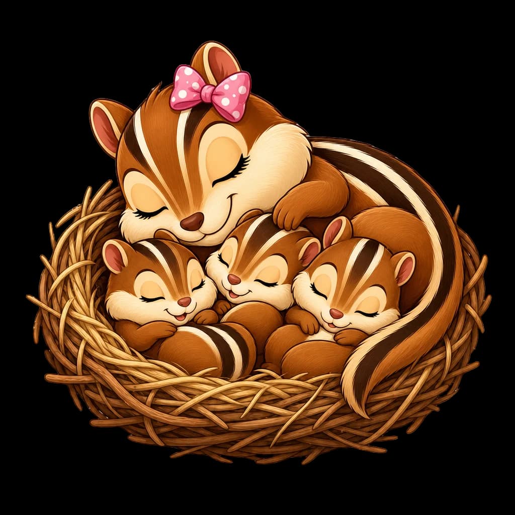 Illustrated chipmunk family sleeping in a woven nest