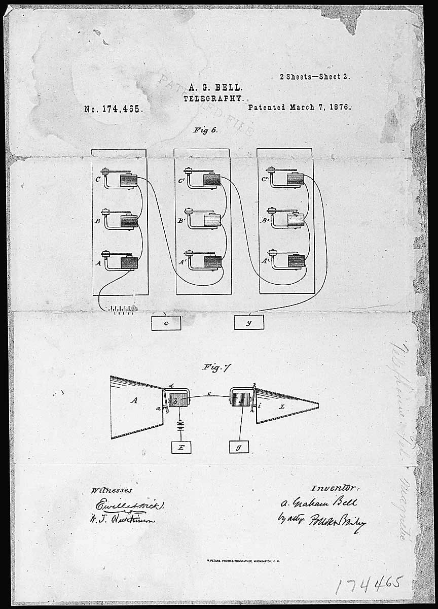 Alexander Graham Bell's telephone patent drawing and oath from the National Archives.