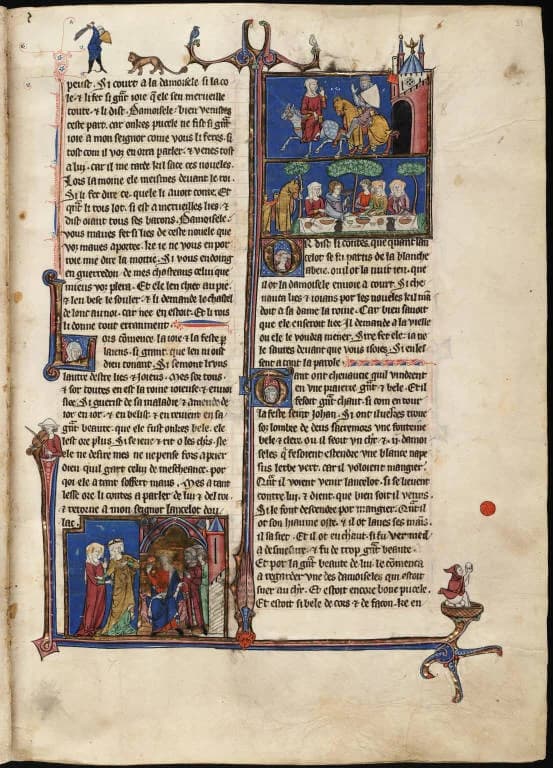 Richly illuminated medieval manuscript page from the Arthurian Romances, with ornate lettering and decorative borders.