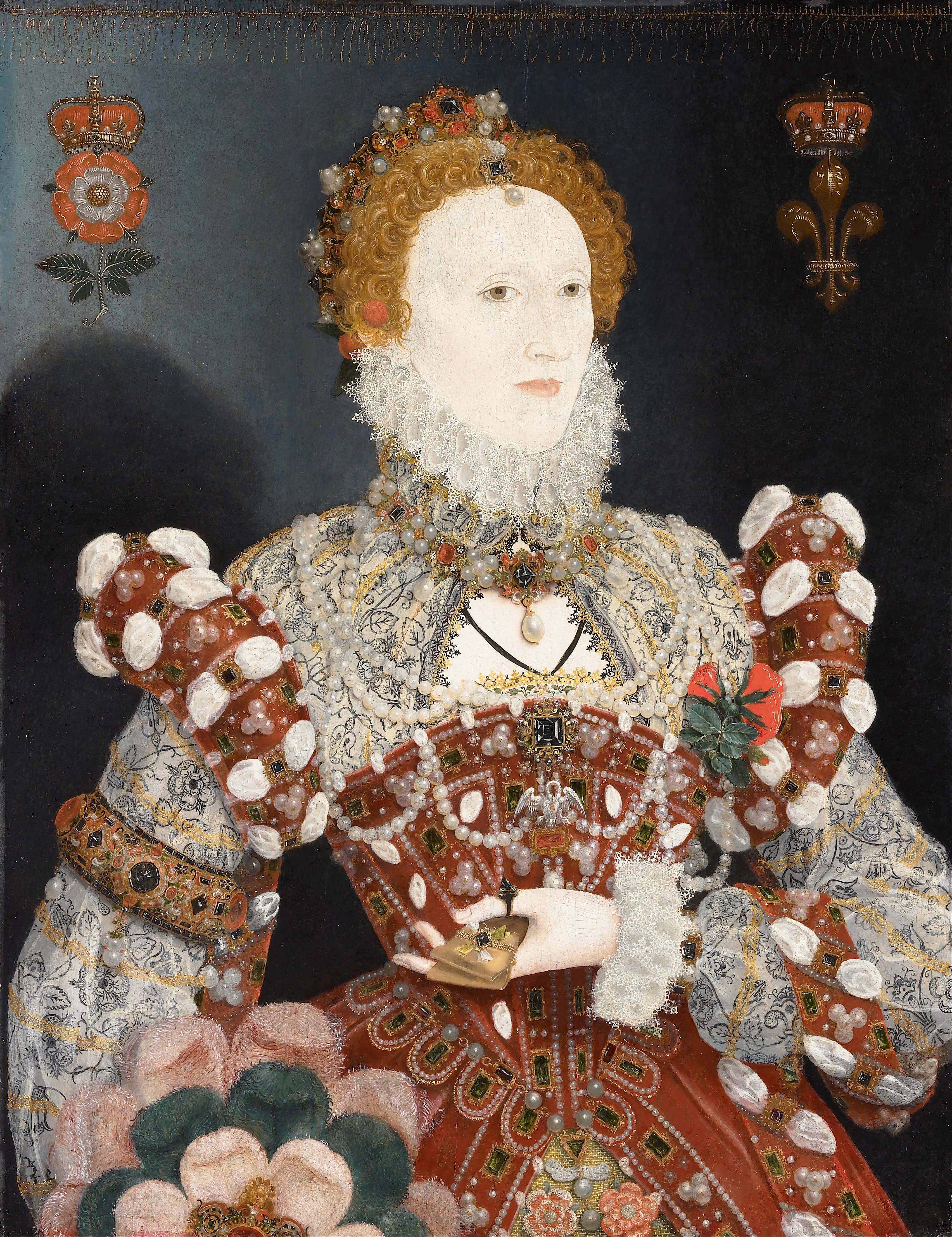 Elizabeth I wearing ornamental 'toys' (jewelry)