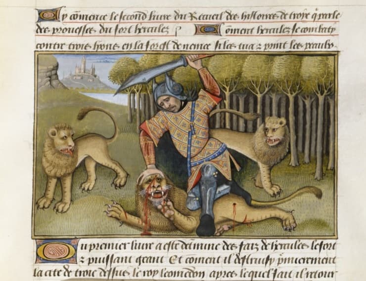 Nemean Lion from Histoires de Troyes medieval manuscript (16th century)