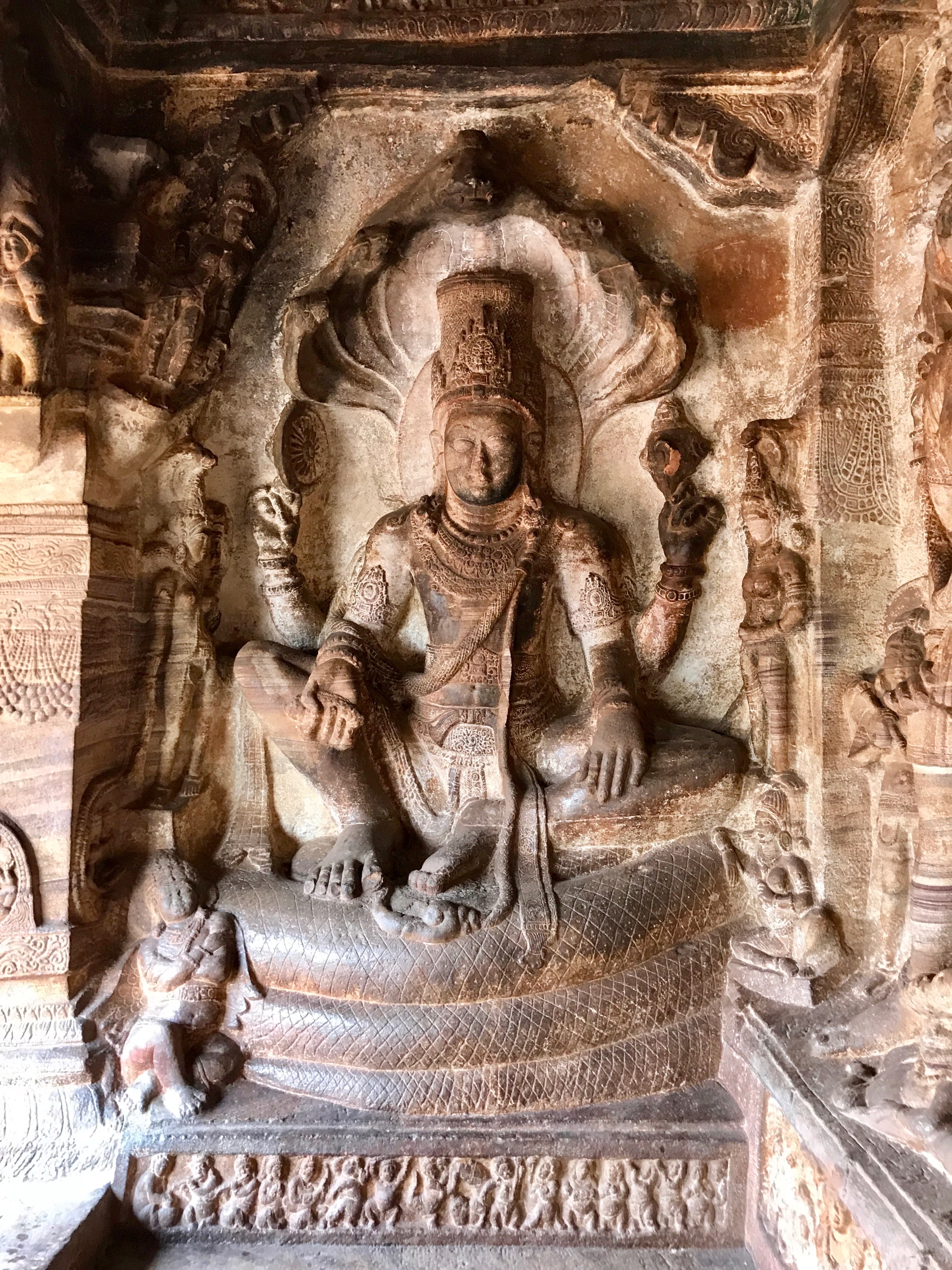 Vishnu seated on Shesha - 6th century Badami Cave sculpture