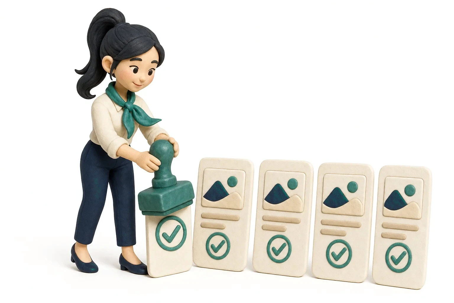 The producer pressing a jade approval stamp onto one finished creative, a row of sealed work beside her