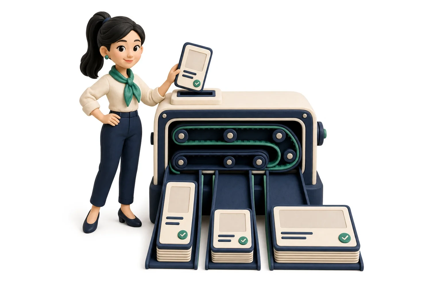 The producer holding one brief at the intake of a sorting machine, with three output slots stacking finished creatives — one stack for each outlet