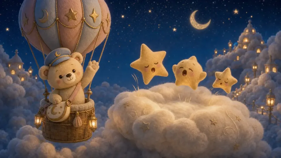 The three Sleepy Stars bouncing on a cloud as the balloon arrives