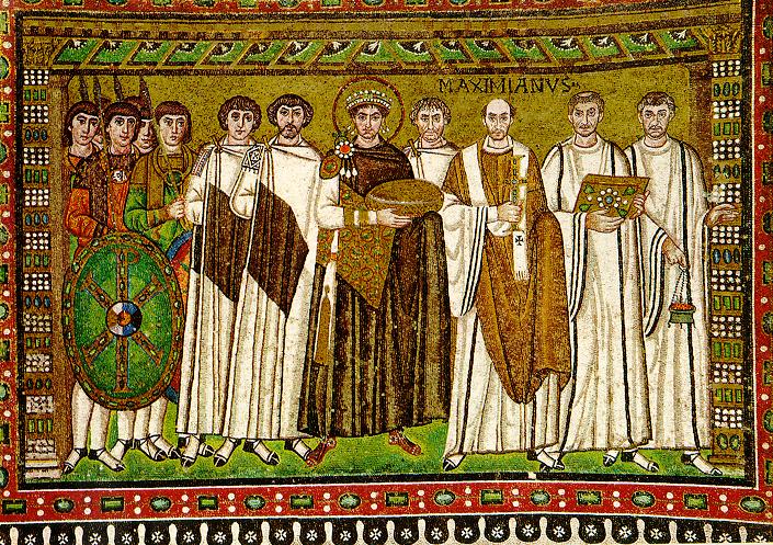 Byzantine court mosaic showing imperial dining scene, Ravenna, 6th century