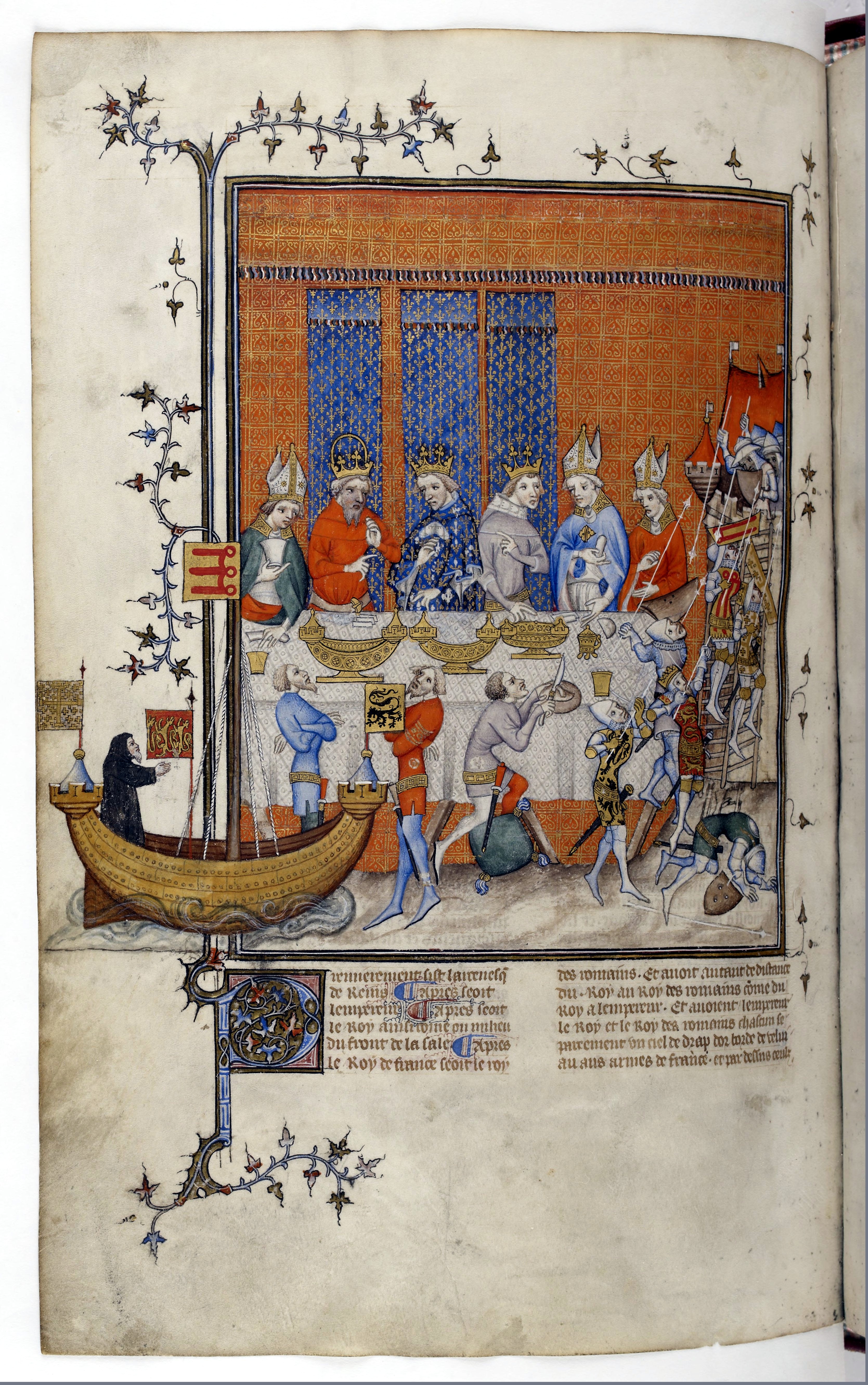 Medieval manuscript showing nobles dining with hands, knives, and spoons