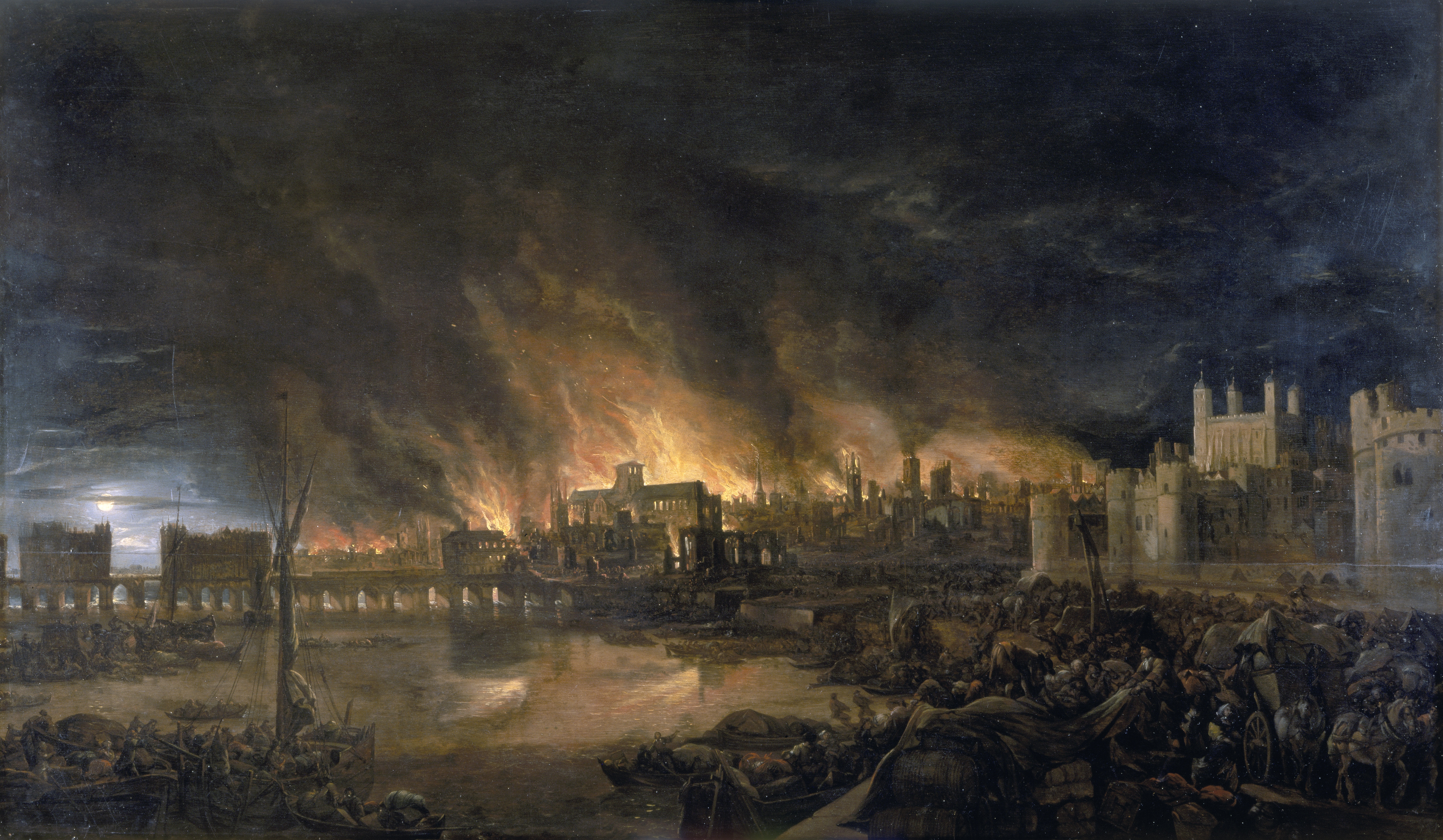 The Great Fire of London, painted c. 1675, showing the fire from the Thames near Tower Wharf